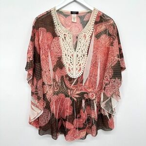 Cocomo Woman Top Shirt Blouse Size 2X Poncho Style Crochet Whimsical Boho Hippie
